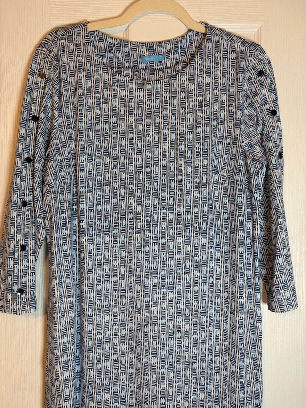 J. McLaughlin Navy and White Geometric Shift Dress with Button-Sleeves